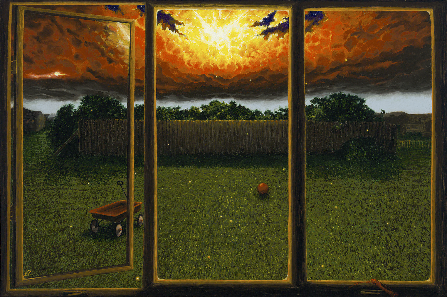 painting of a view of dynamic sky through an open window, lawn and fence just ahead.