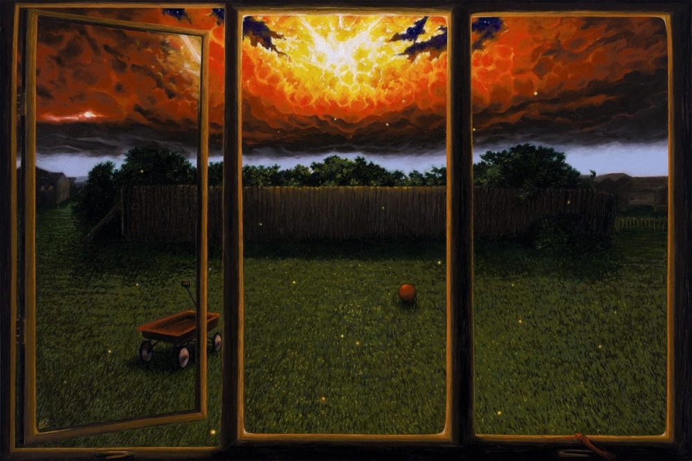 painting of a view of dynamic sky through an open window, lawn and fence just ahead.