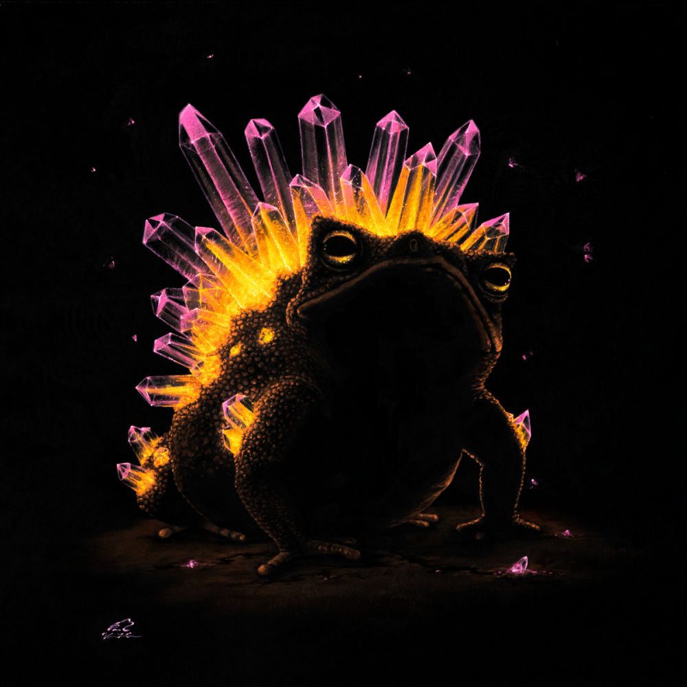 soft pastel painting of a large russet toad with glowing amethyst in its back