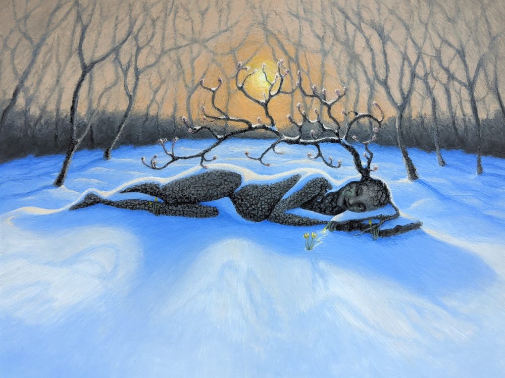 painting of forest nymph in snow at sunset/rise