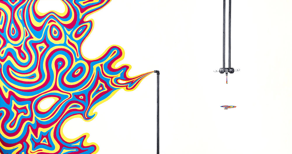 painting of a swirl of magenta, cyan and yellow being pulled into a pipe and dripped out of a faucet, on a white background