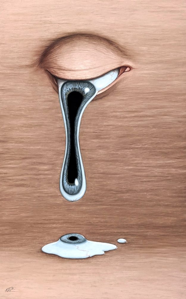 surrealistic painting of a grey eye, iris stretched out into a drip, above another drop of eye, on a flesh-toned skin-textured background