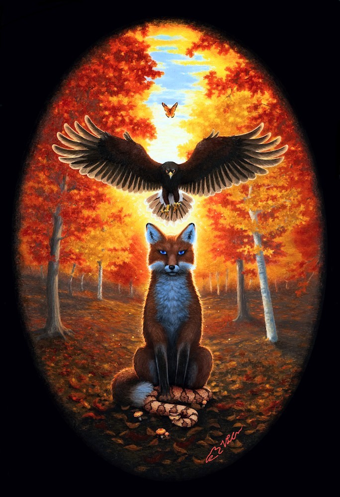 An oval autumn themed image of a woodland scene at sunset or sunrise. The bottom of the scene is littered with fallen leaves, and mushrooms and a copperhead snake wind around the feet of a red fox with blue eyes staring at the viewer. A brown hawk is hovering over the head of the fox. Higher above the hawk is a monarch butterfly. all the animals are looking directly toward the viewer.